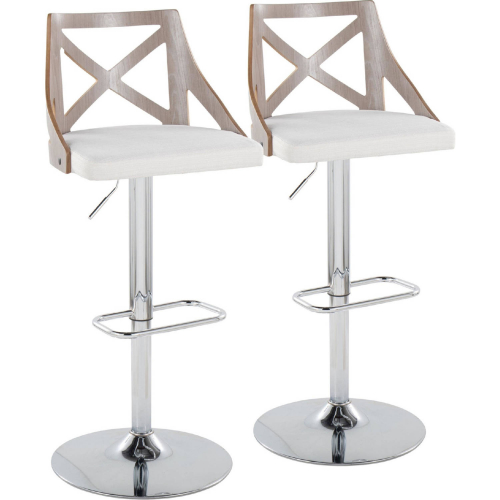 Charlotte Adjustable Height Swivel Bar Stool in Chrome, Light Grey Wood, Cream Fabric (Set of 2)